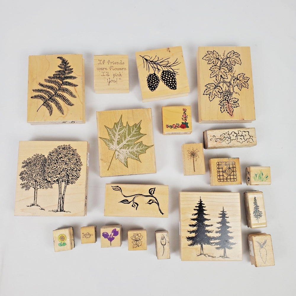 Lot Of 20 Wooden Rubber Stamps - Leaves, Flowers, Botanical, Trees, Nature Flora